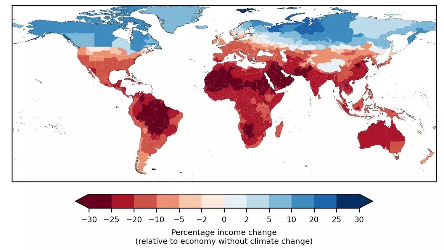 Карта, показывающая уровень корреляции глобального потепления и ВВП: бордовым цветом обозначены страны, больше всего подверженные кризису, синим — меньше всего